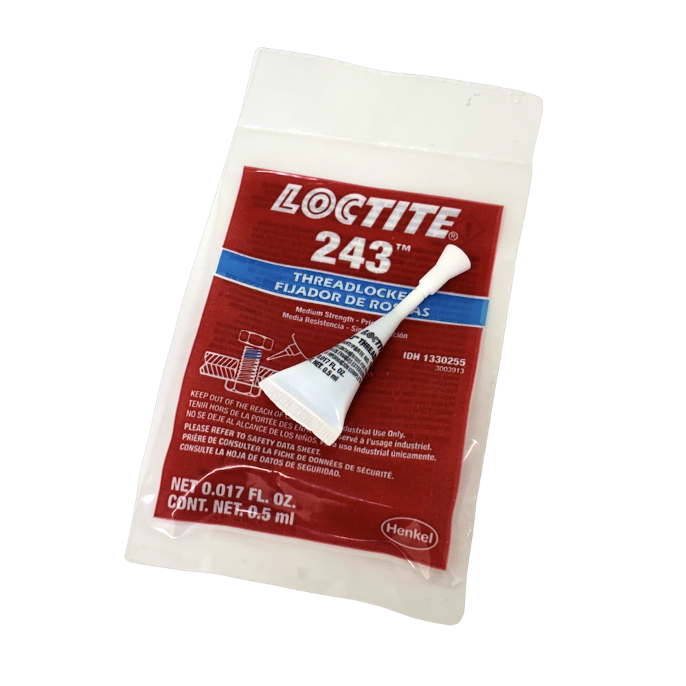 Loctite 243 blue medium strength threadlocker 0.5 mL tube on its red single-use packet