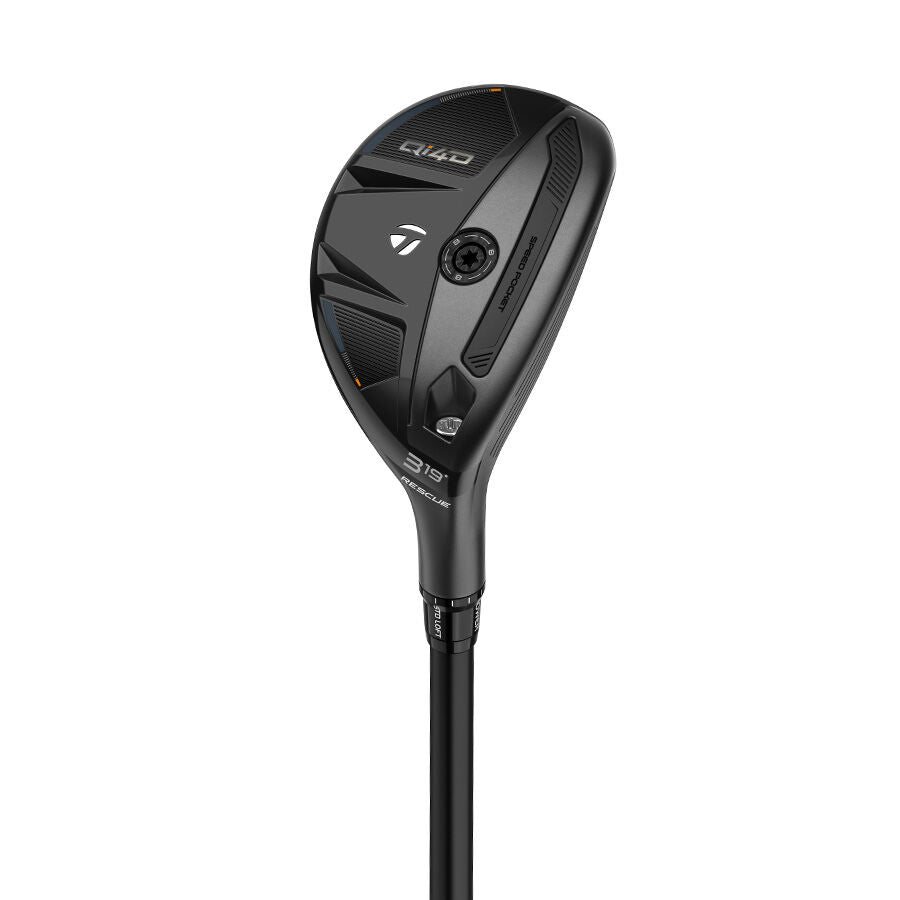 TaylorMade Qi4D 3 hybrid, 19°, showing the sole weight screw